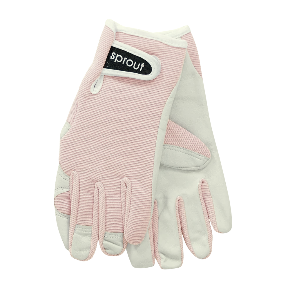 Pink and gray gardening glove with 'sprout' label on a white background