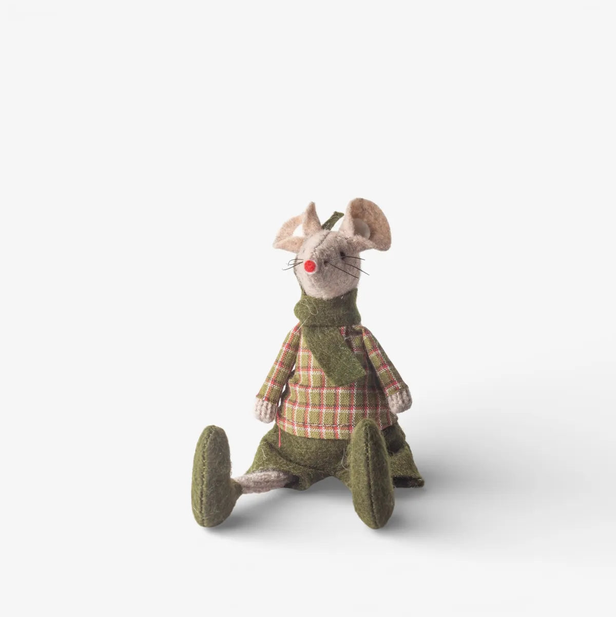 Stuffed mousetoy wearing a plaid coat on a white background