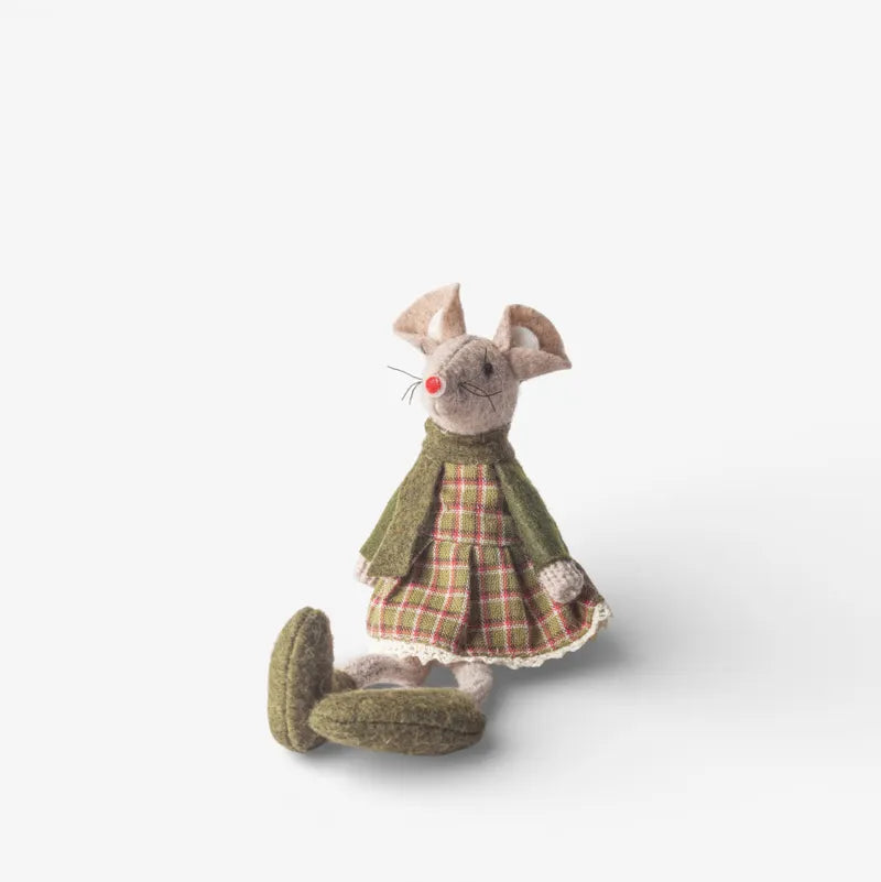 Stuffed mouse toy wearing a green dress with a plaid skirt on a white background
