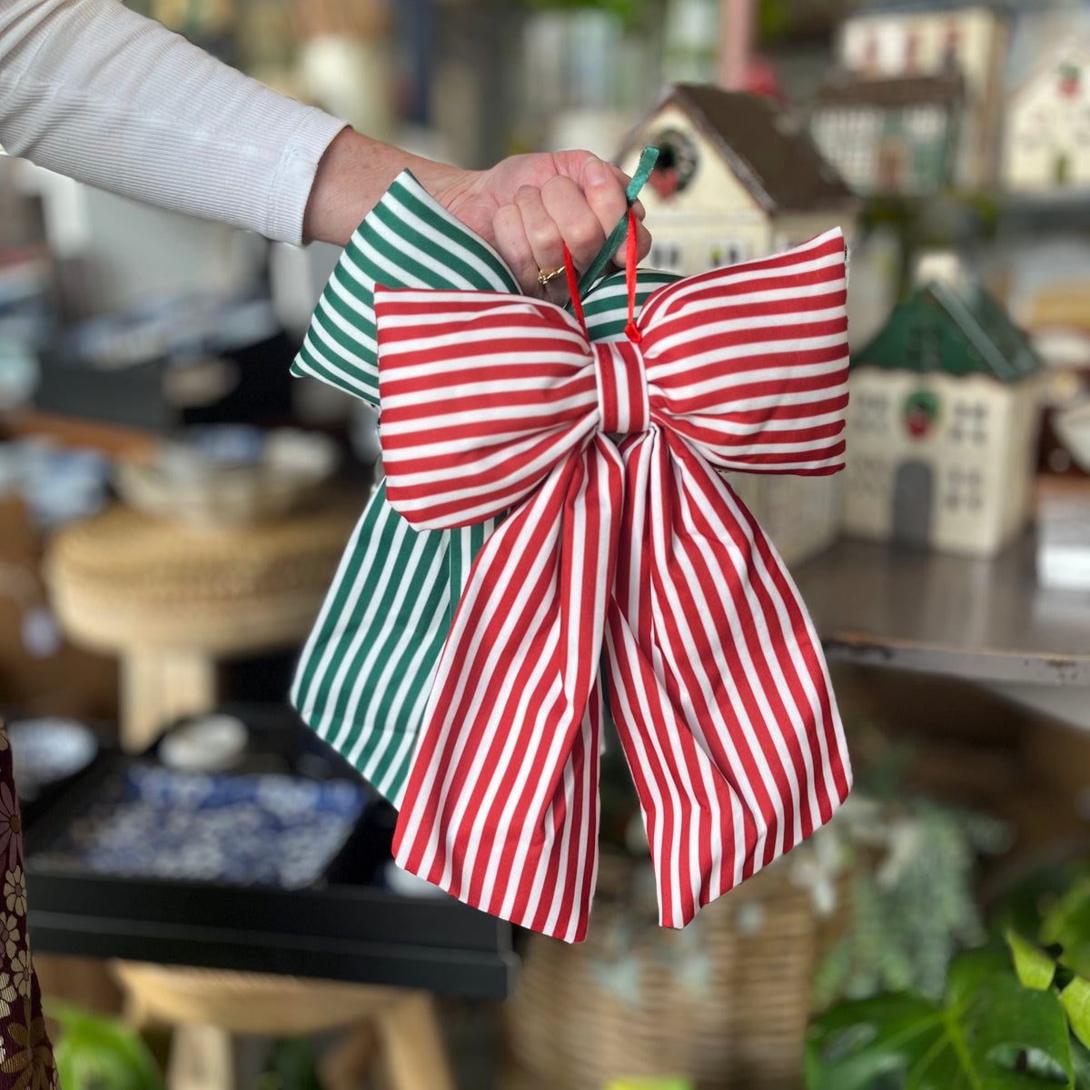 Classic Bow Pinstriped - Hanging Decoration - Red or Green