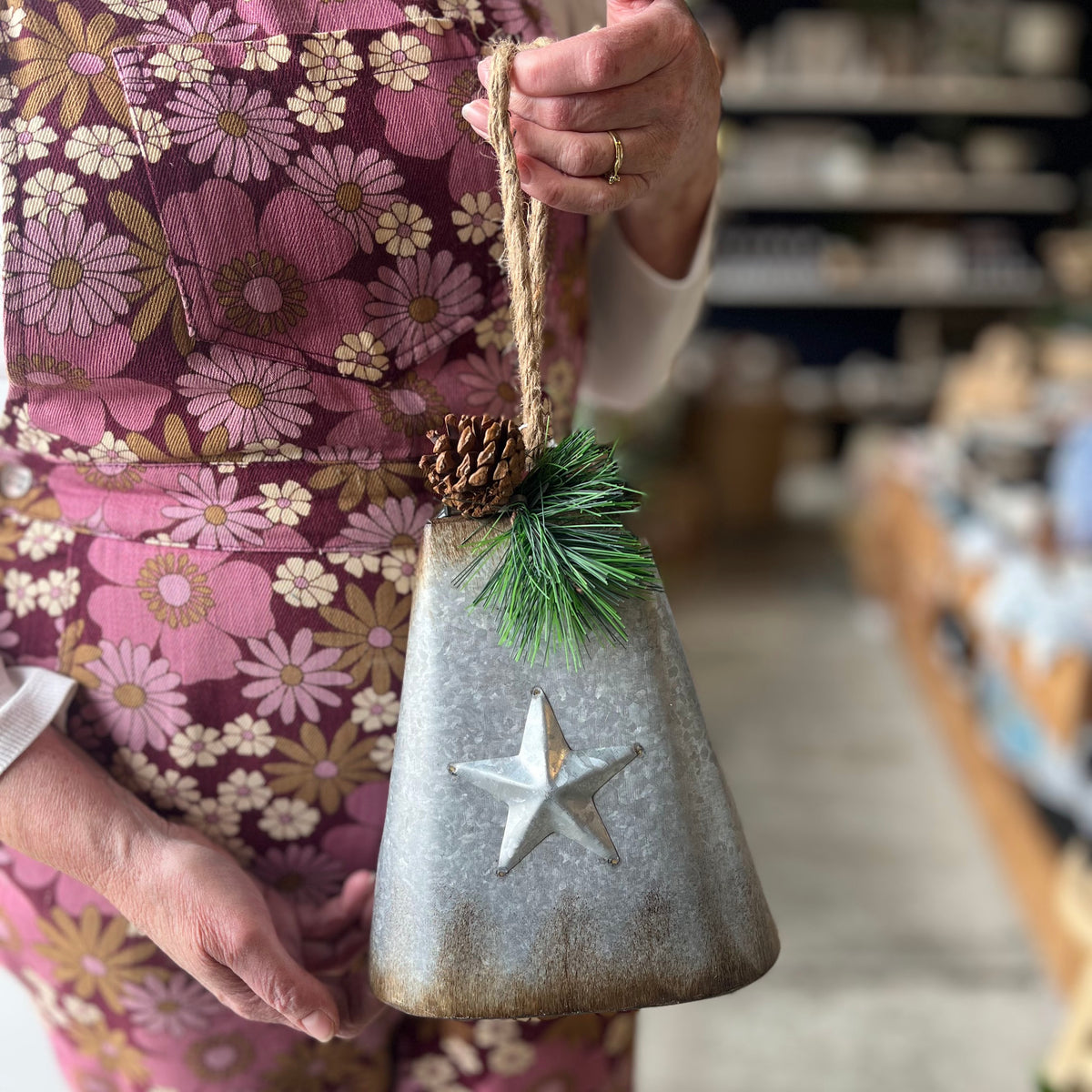 Rustic Bells with Star and Pinecone Metal