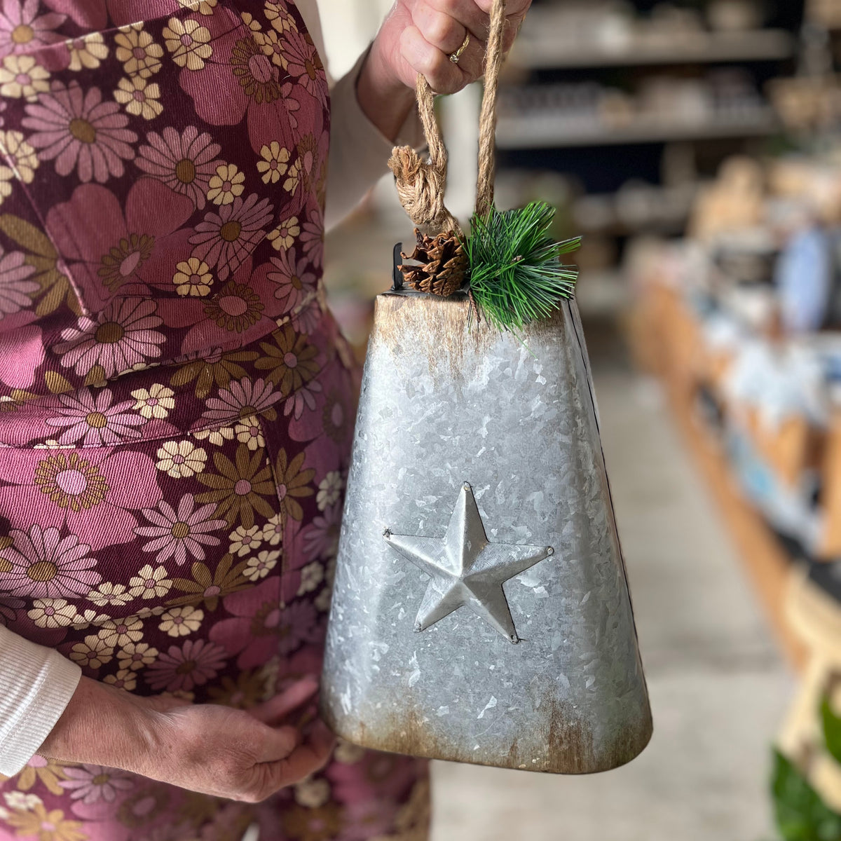 Rustic Bells with Star and Pinecone Metal