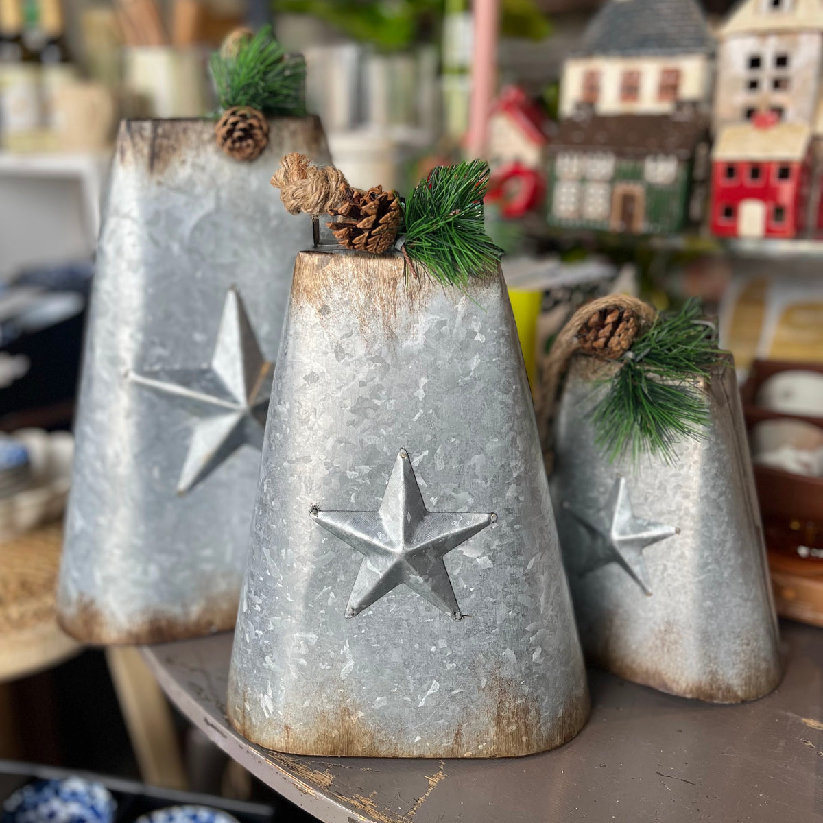 Rustic Bells with Star and Pinecone Metal