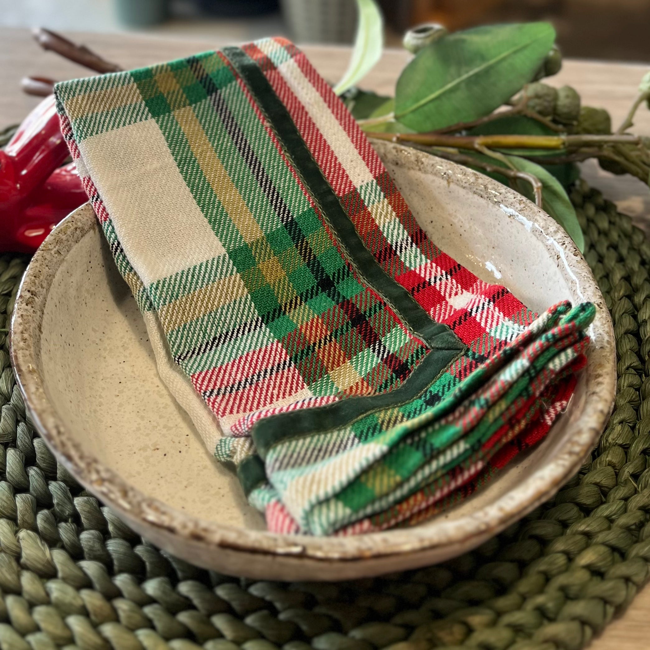 Napkin Green Red Check with Velvet Trim