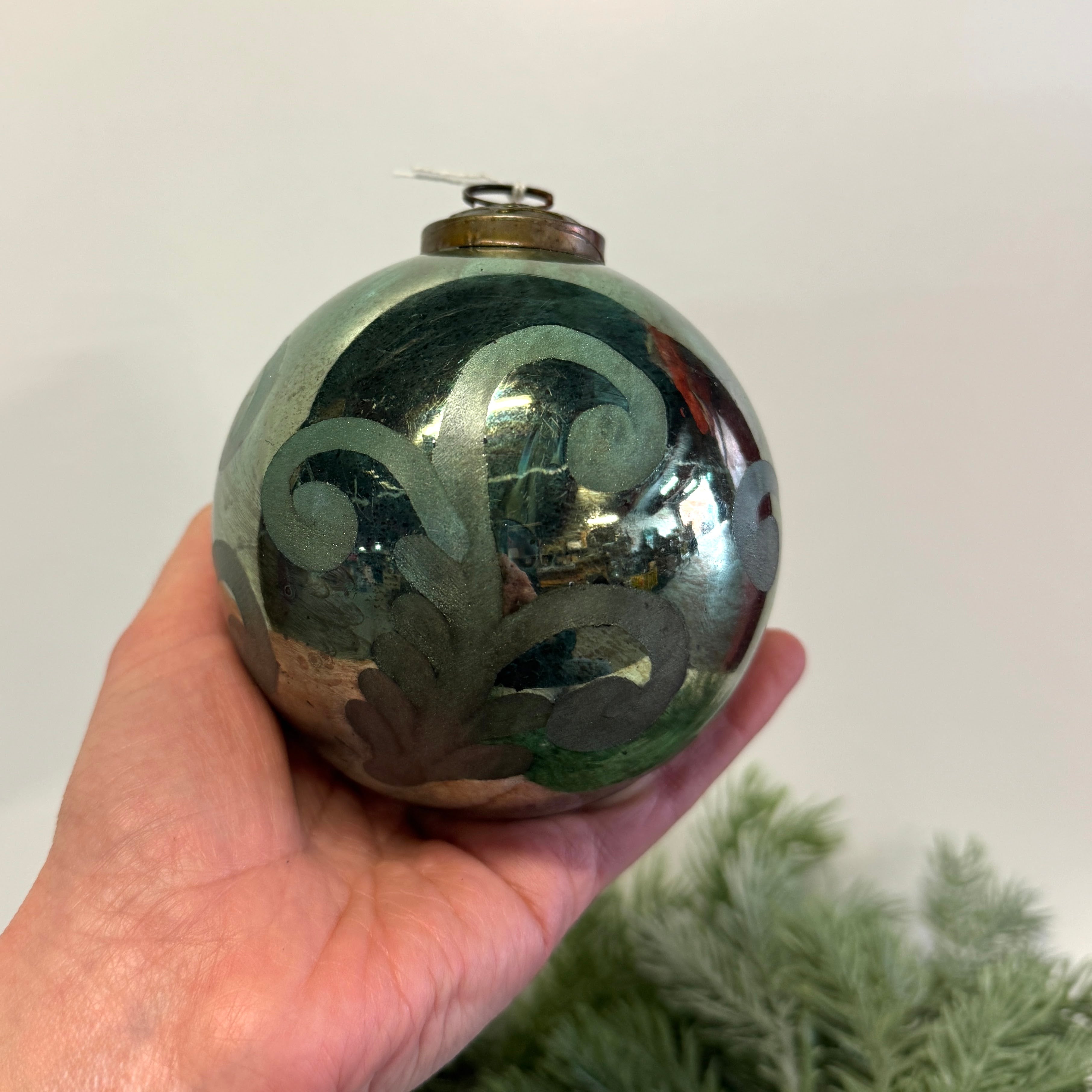Blue Glass Vintage Ornament Etched