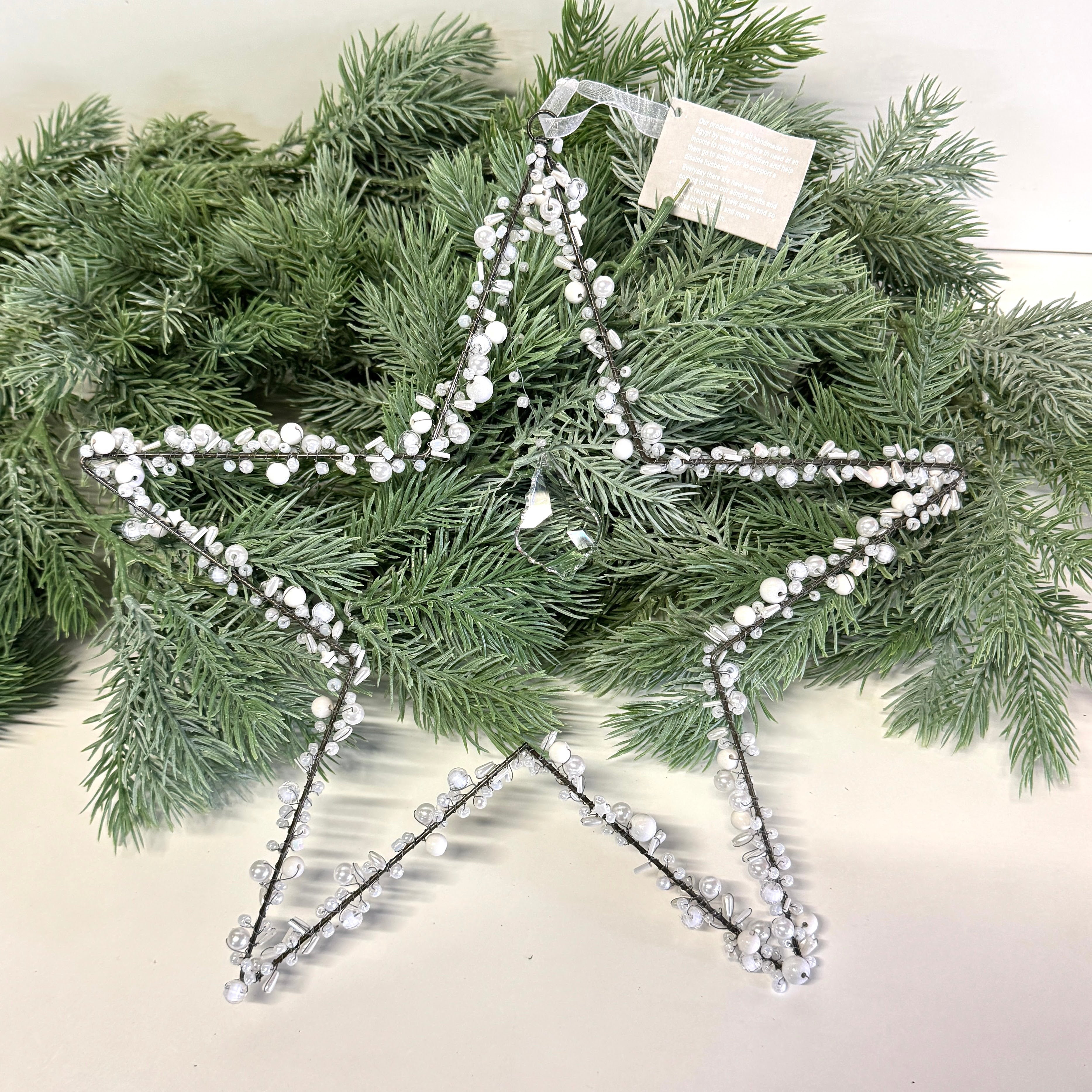 Star Christmas Decoration with White Trinkets Large - Handmade Fairtrade