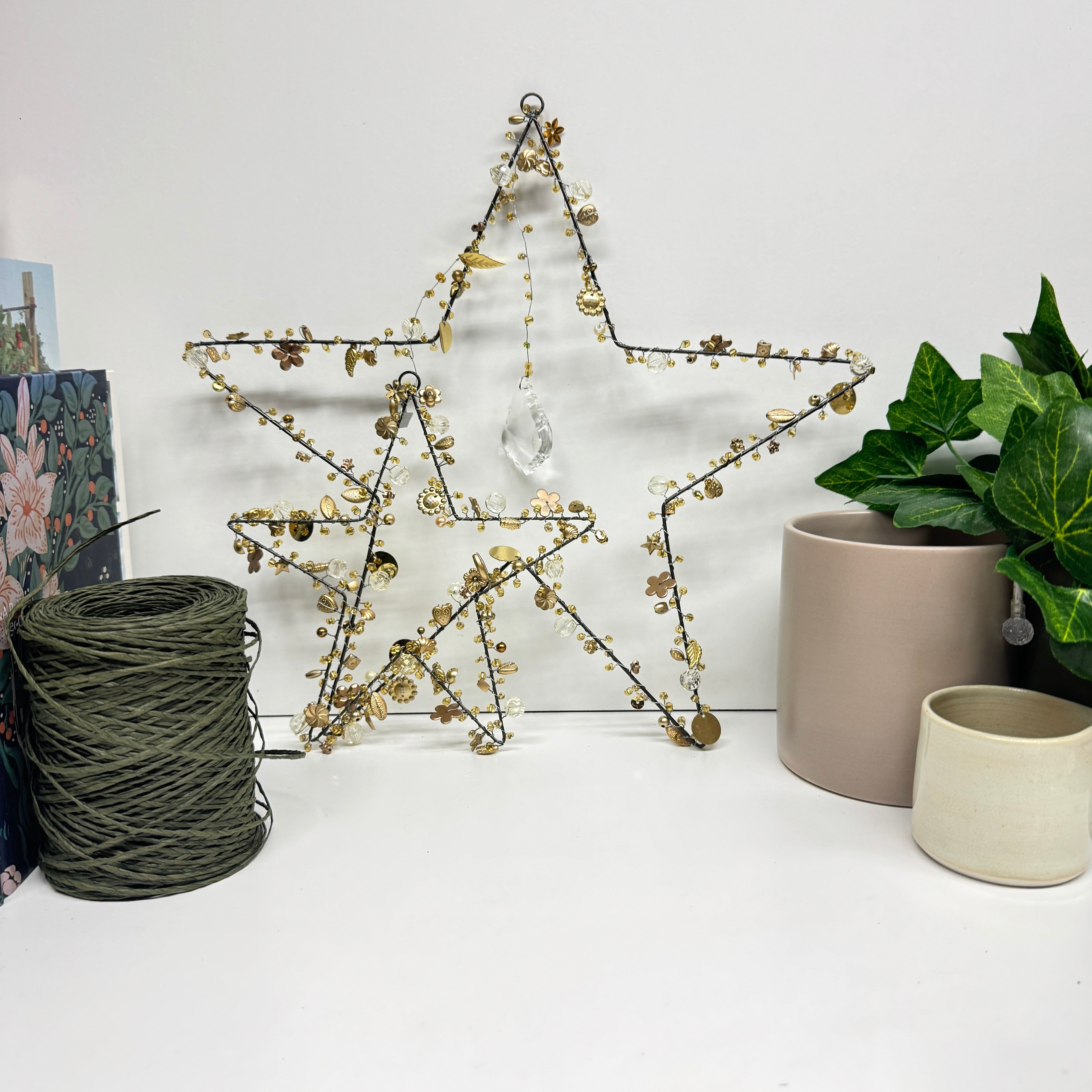 Star Christmas Decoration with gold trinkets Large - Handmade Fairtrade