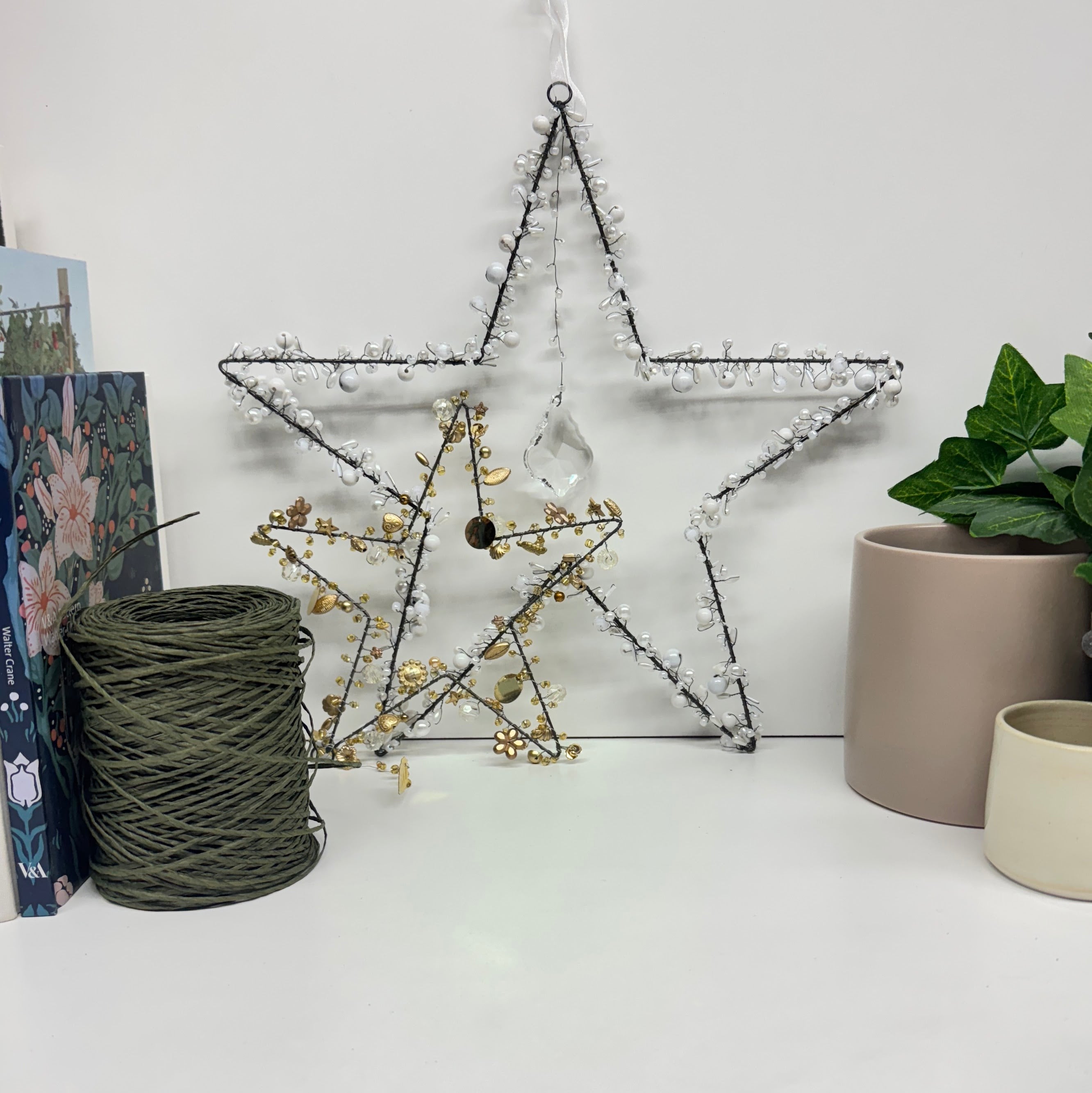 Star Christmas Decoration with White Trinkets Large - Handmade Fairtrade