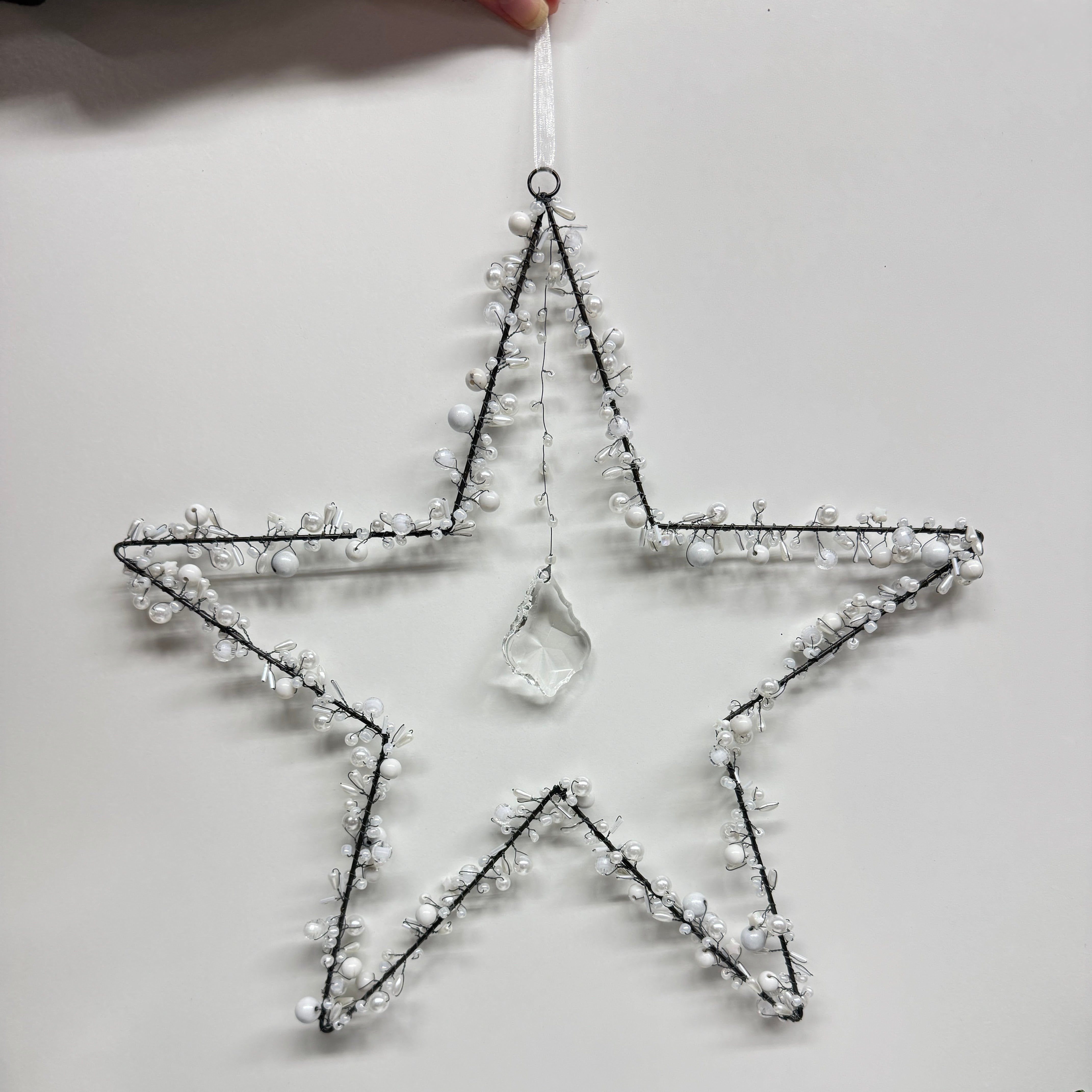 Star Christmas Decoration with White Trinkets Large - Handmade Fairtrade