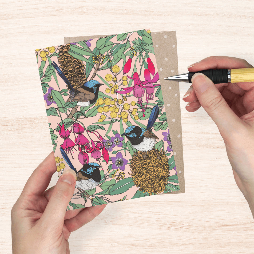 Card - Fuchsias & Fairy Wrens - 100% recycled paper