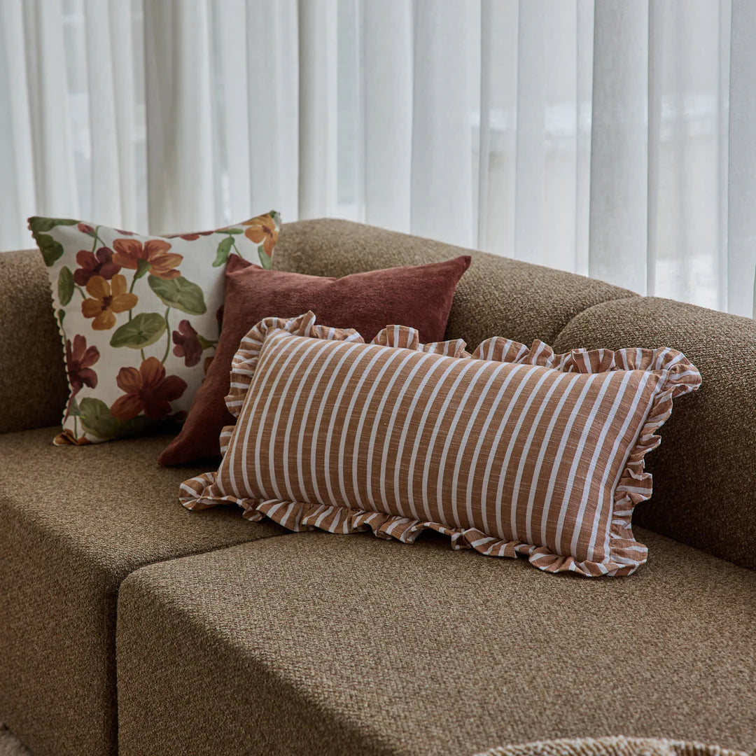 Lumbar Cushion with Ruffled Edge - Cinnamon / White Stripe