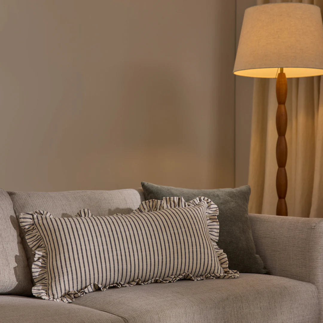 Lumbar Cushion with Ruffled Edge - Black / Natural Stripe