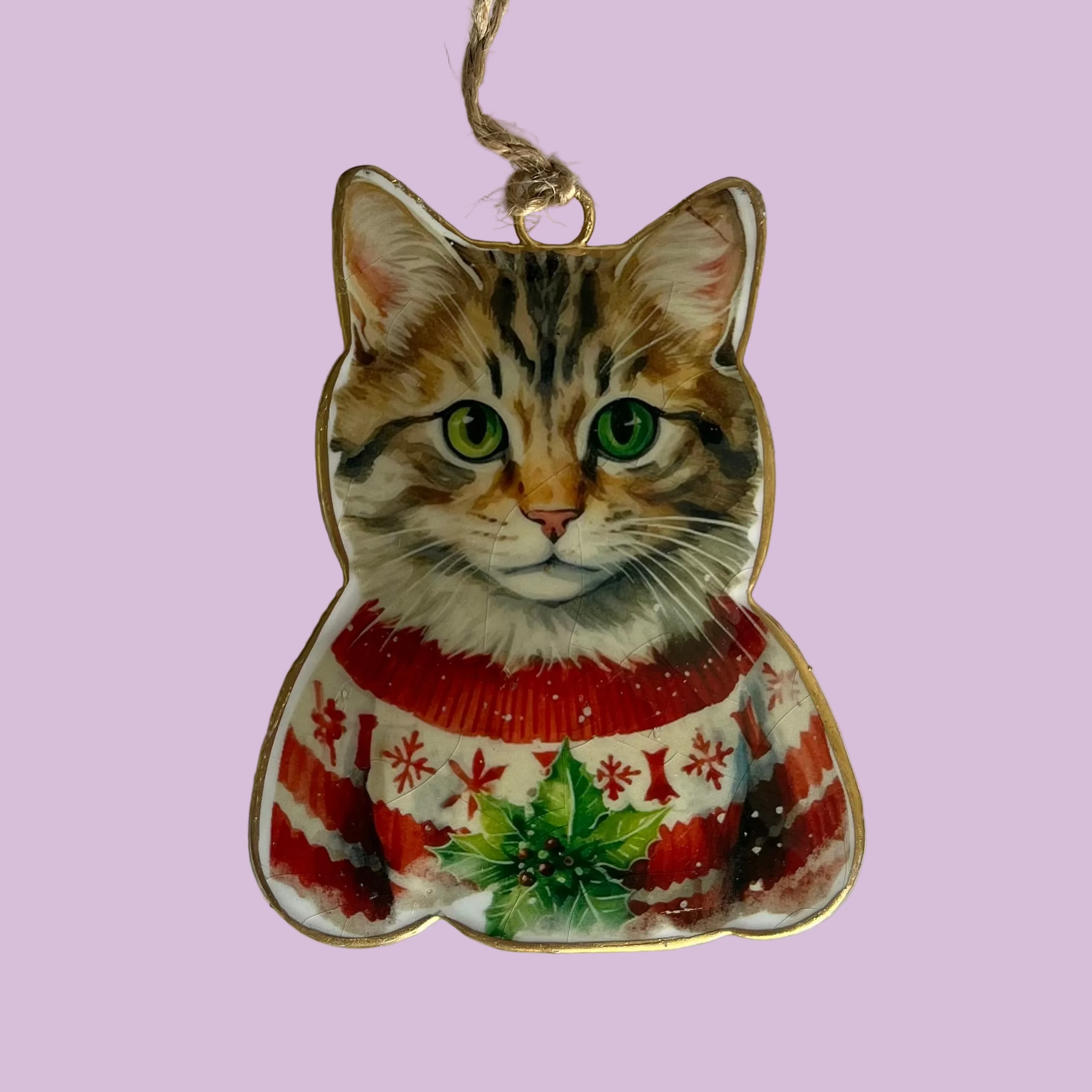 A cat-shaped Christmas ornament featuring a realistic tabby cat with green eyes wearing a red and white holiday sweater with holly, hanging against a light pink background.