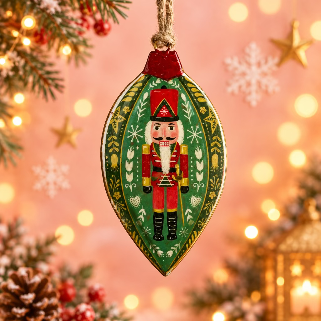 A decorative Christmas ornament shaped like a teardrop, featuring a hand-painted nutcracker figure on a green patterned background with a red hanging tab and jute loop.