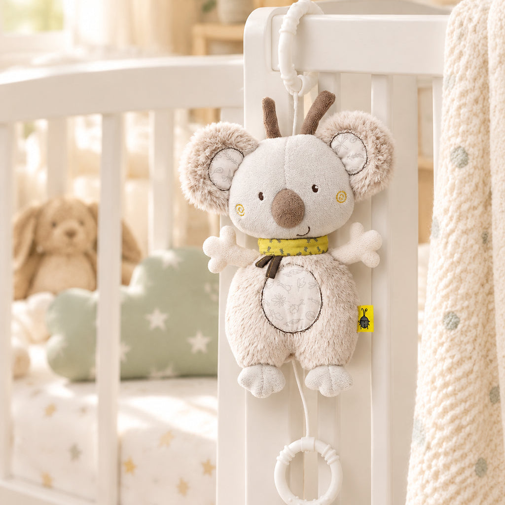 A plush koala baby toy with a white and beige body, brown ears and nose, a yellow patterned neckerchief, and a white teething ring hanging from a string, shown against a neutral light gray background.