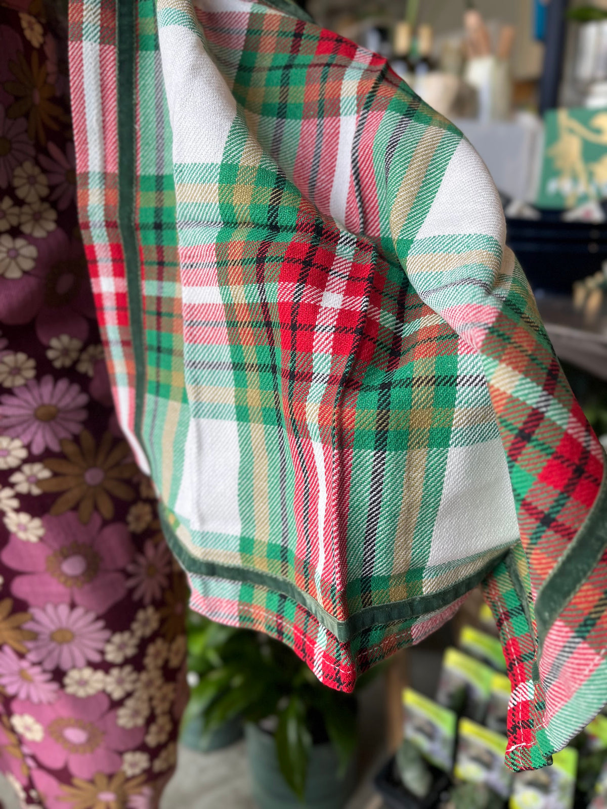 Napkin Green Red Check with Velvet Trim