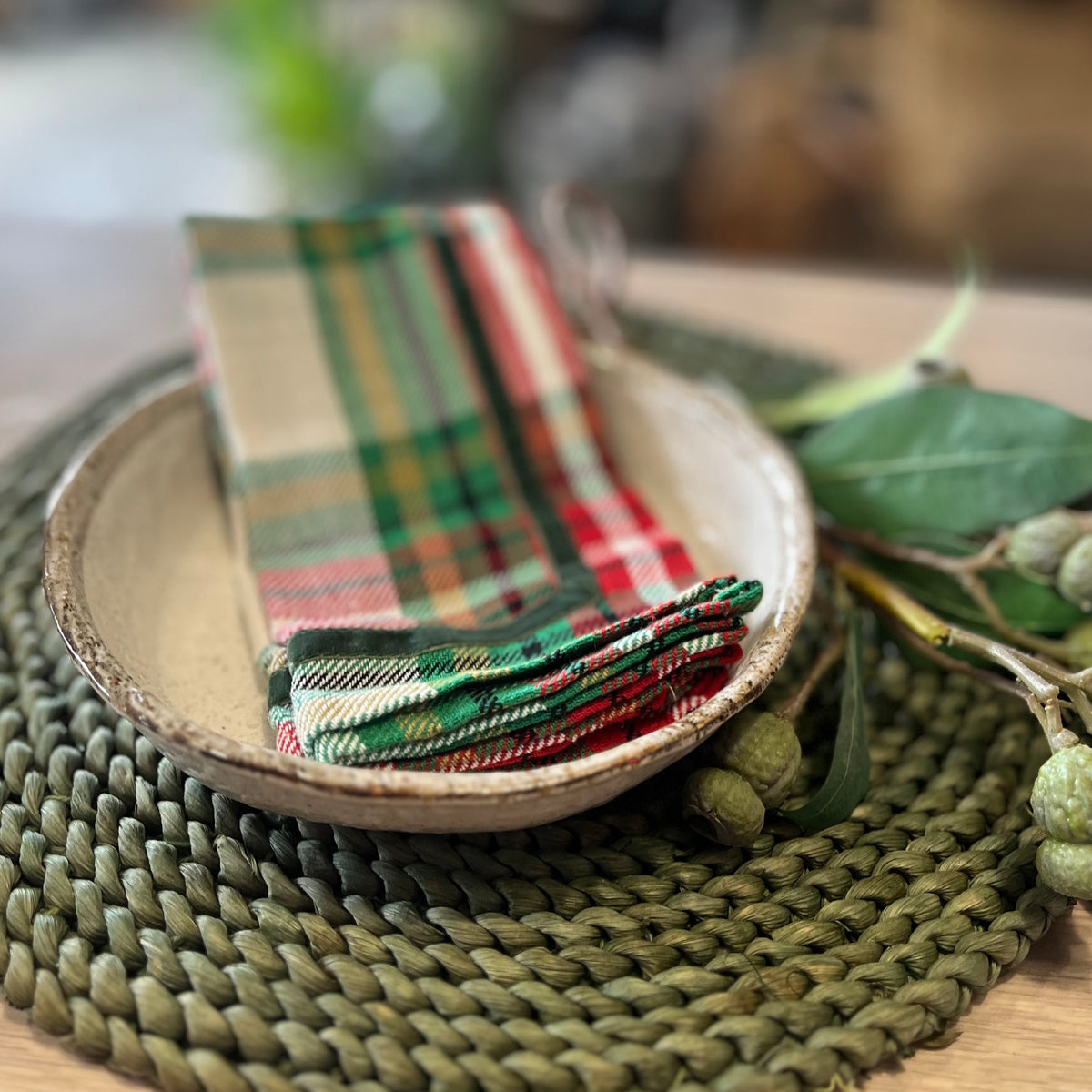 Napkin Green Red Check with Velvet Trim