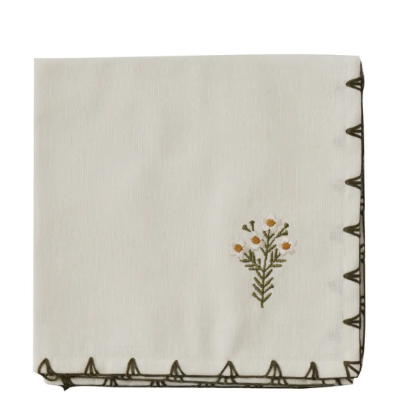 Embroidered floral design on a folded white napkin with decorative border