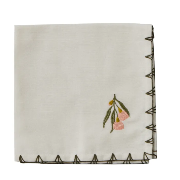 Embroidered floral design on a folded white napkin with decorative border