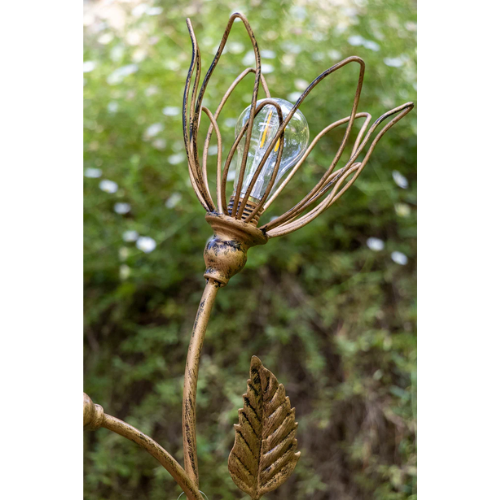 Decorative outdoor light fixture with leaf design against a natural background