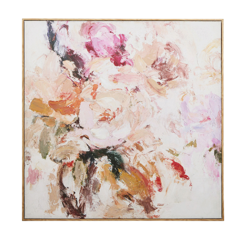 Abstract floral painting with a wooden frame on a white background