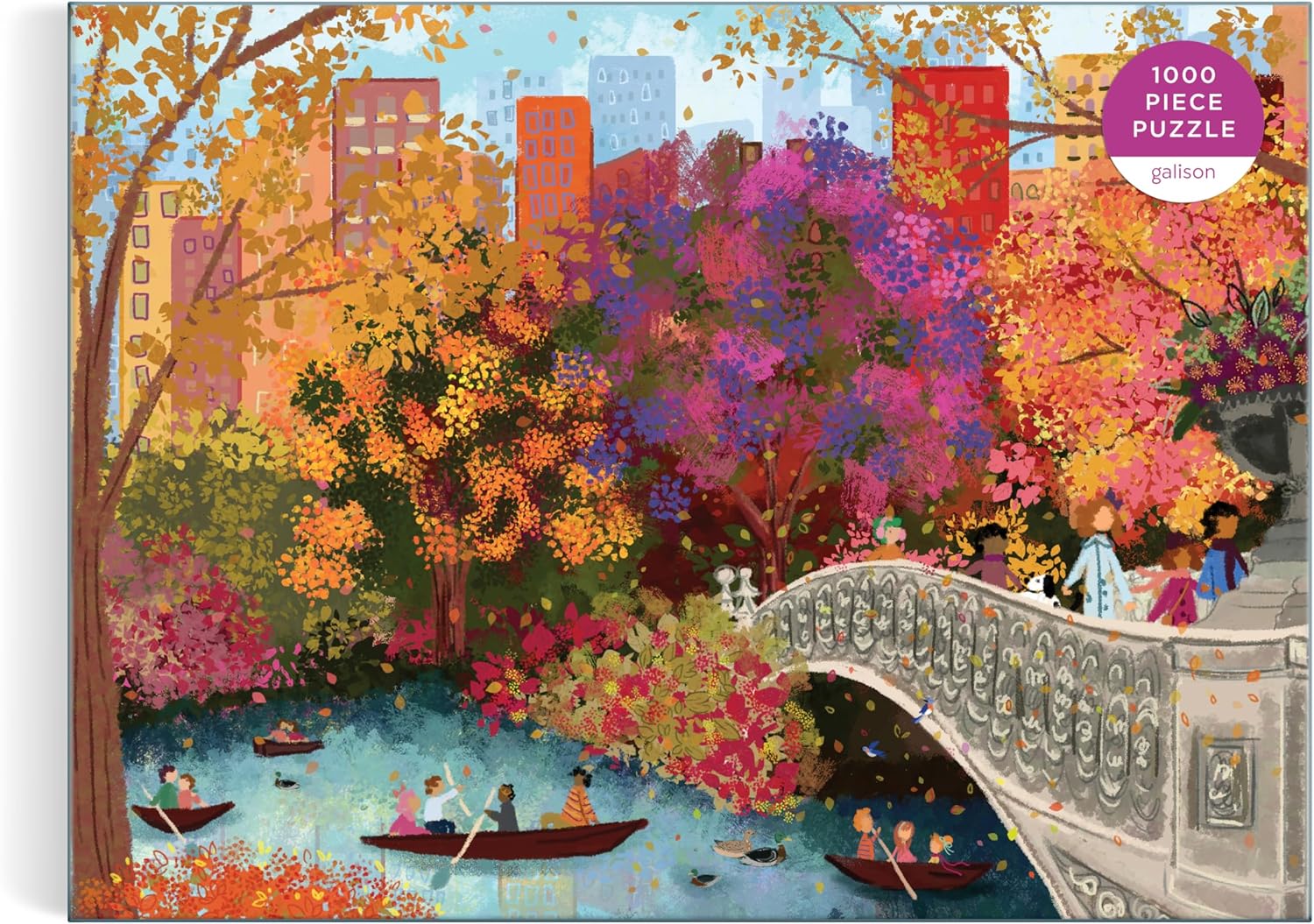 Jigsaw puzzle box with a colorful illustration of a park scene, bridge, and people.