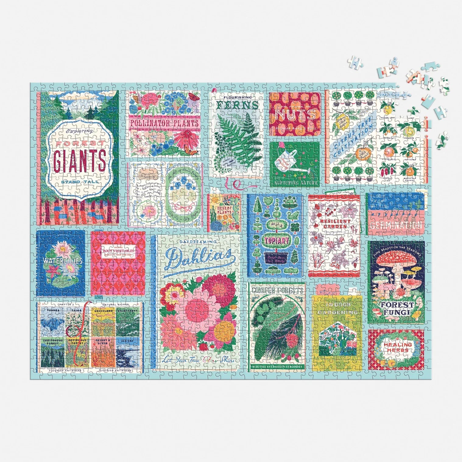 Colorful puzzle with various illustrations and text on a white background