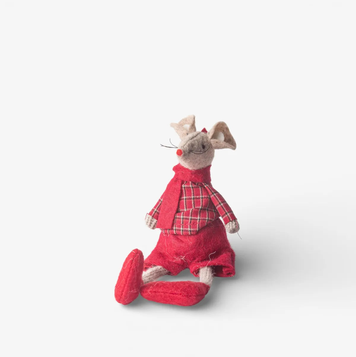 Stuffed mouse toy wearing a red outfit with plaid accents on a white background