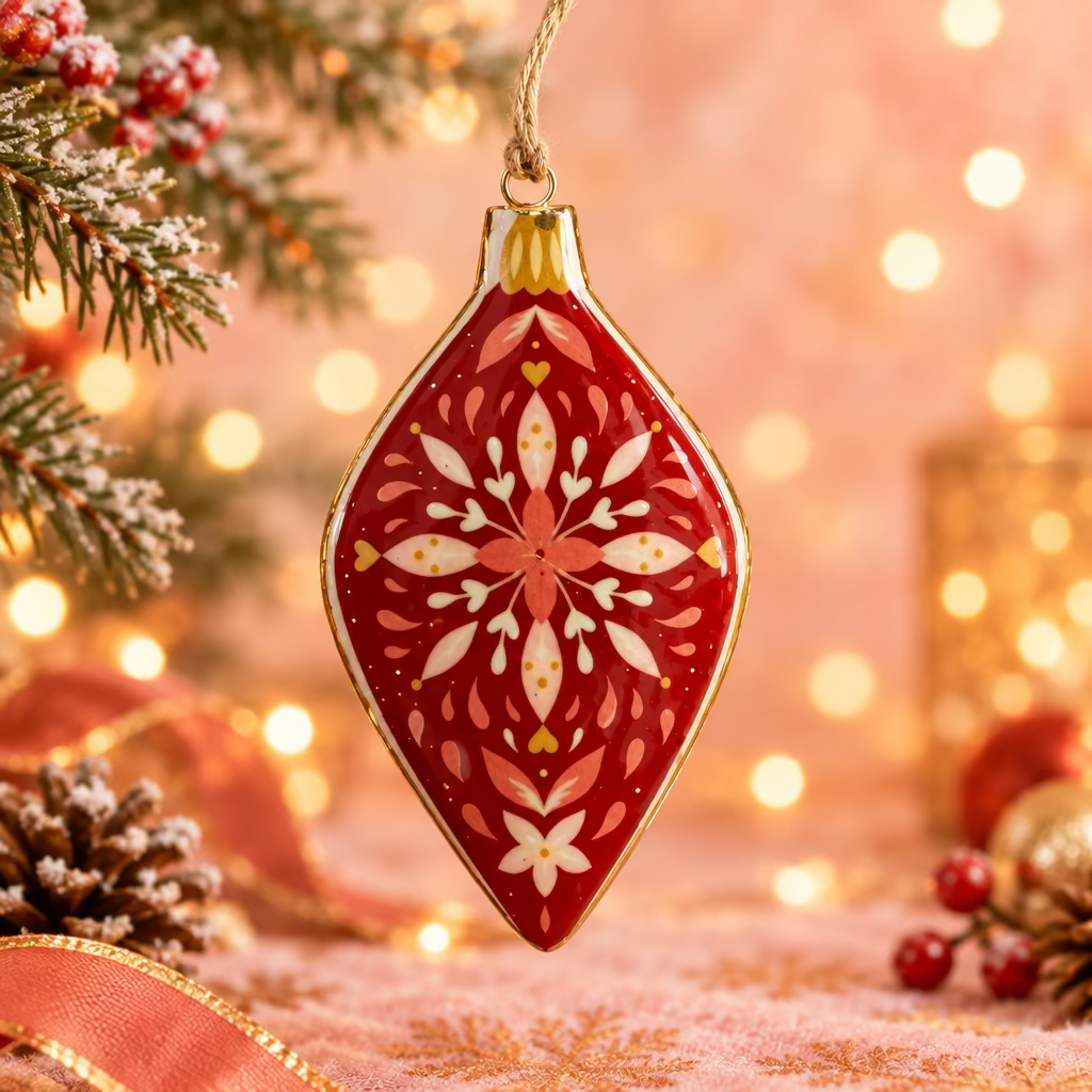 A red Christmas ornament shaped like a teardrop, featuring a hand-painted white and red snowflake design with gold glitter accents and a gold hanging loop at the top, shown against a light gray background.