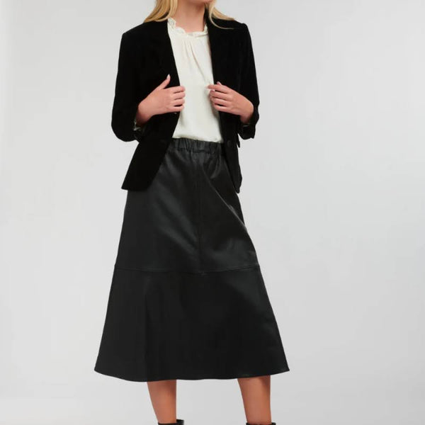 Skirt - Faux Leather A-Line Midi Length - Black