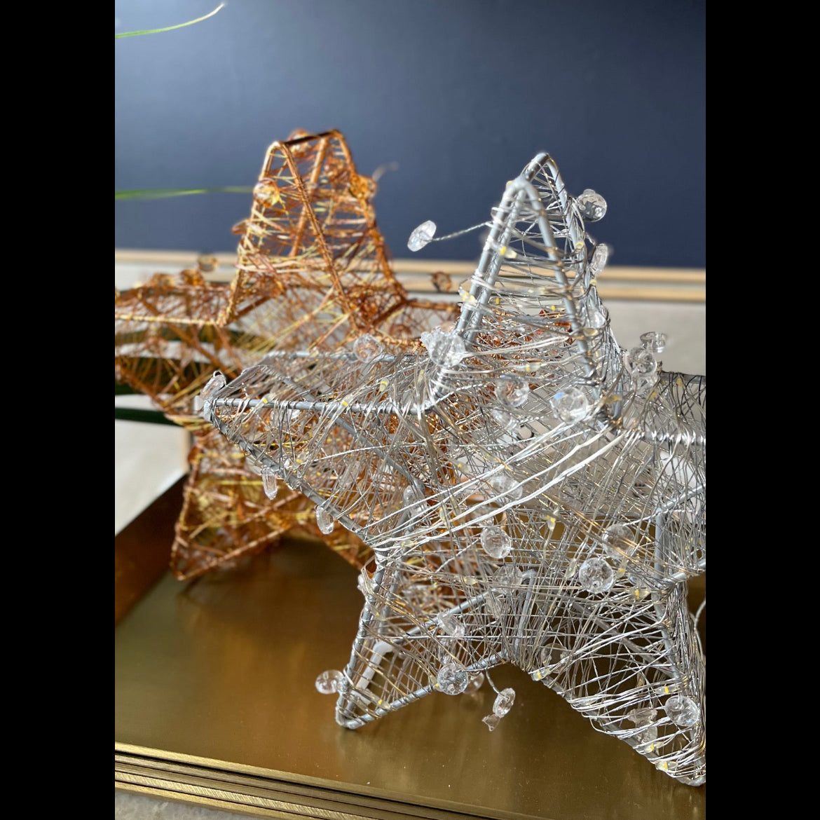 Hanging Star Light Ornament 100 LED lights - copper gold or silver - indoor outdoor