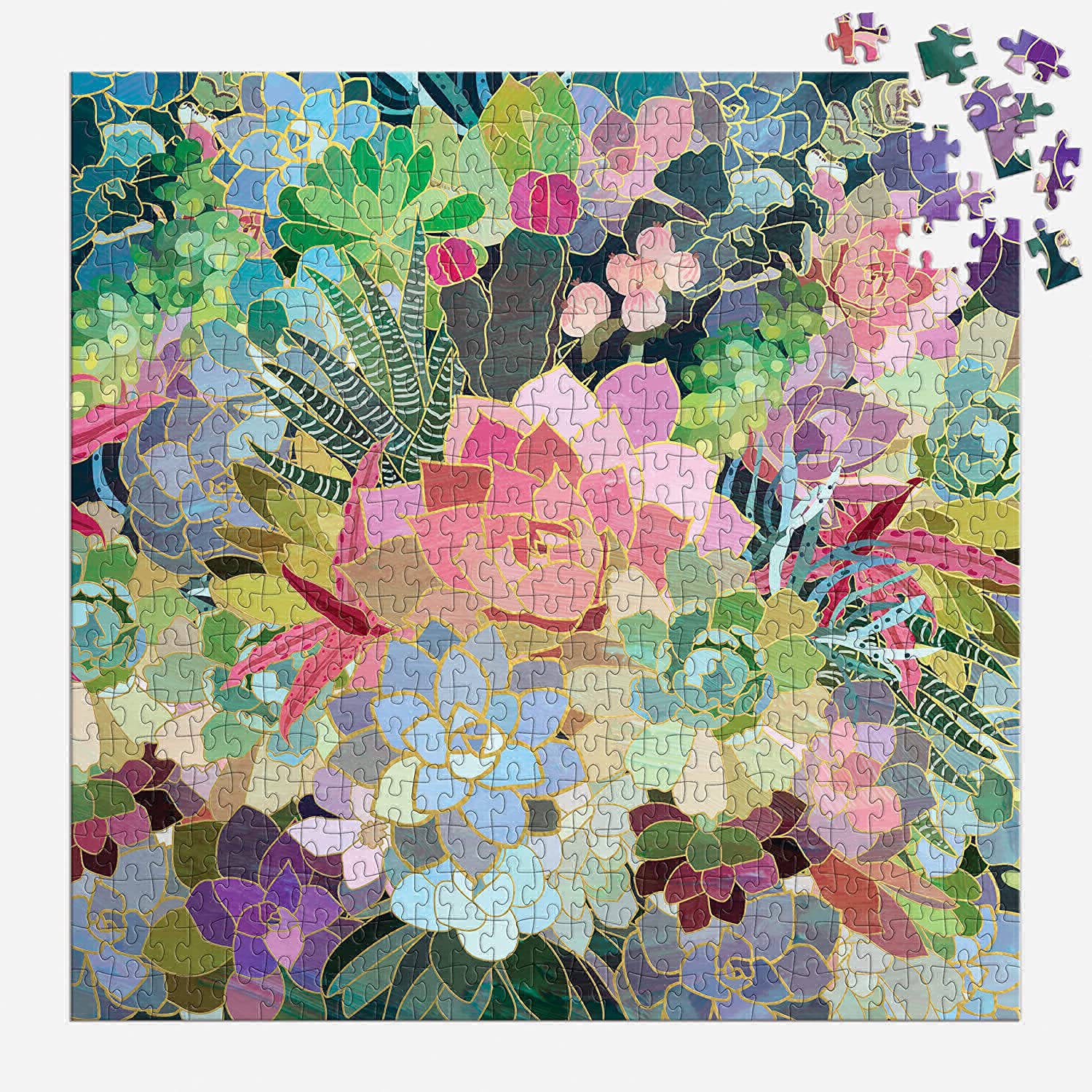 Colorful floral puzzle with a completed section on a white background