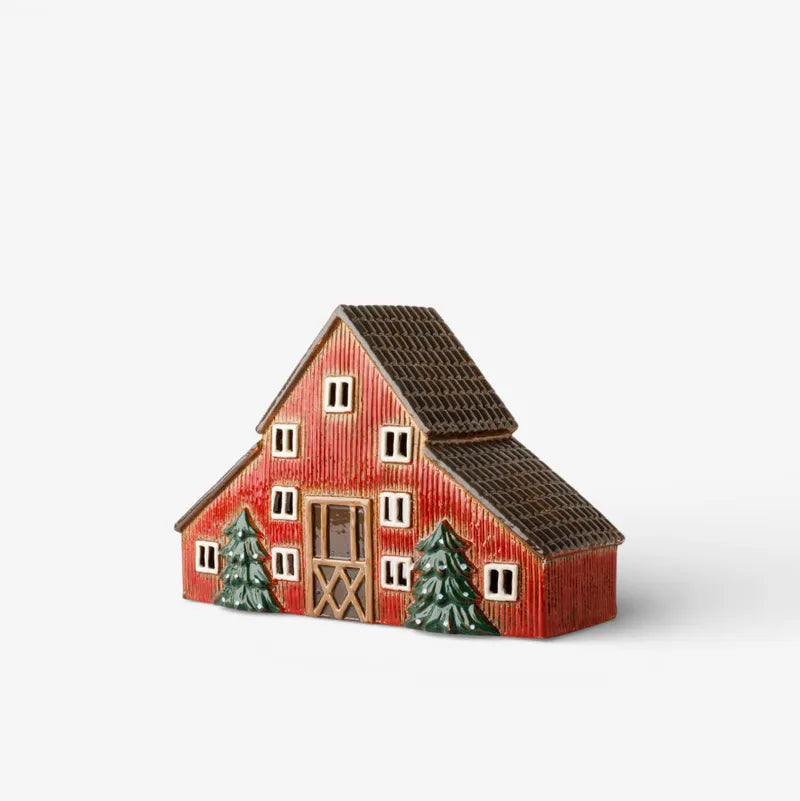 Ceramic Tealight red barn with a brown roof on a white background