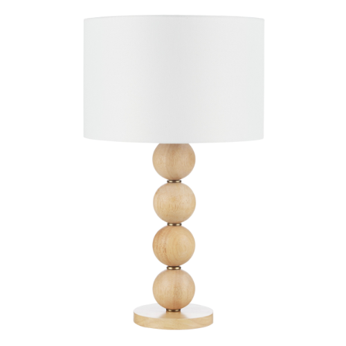 Table lamp with wooden base and white shade on a white background
