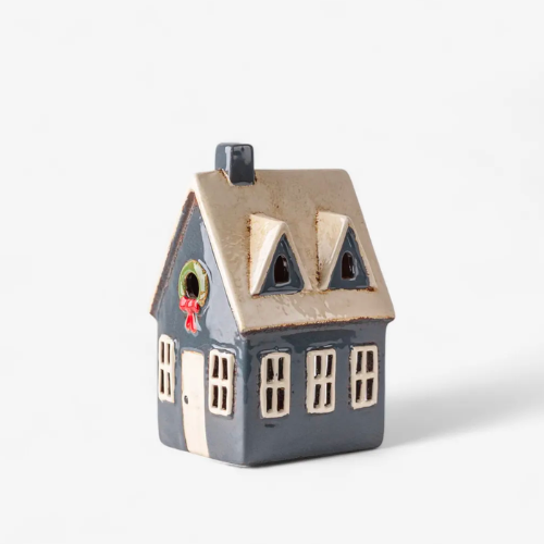 Tealight Cottage Navy with Wreath