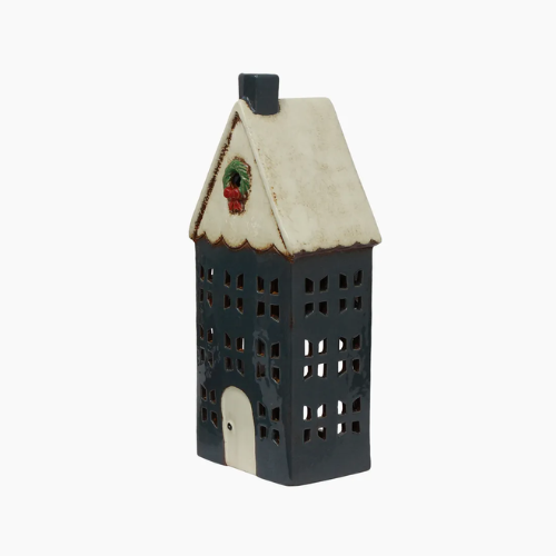 Tealight House Blue with Wreath