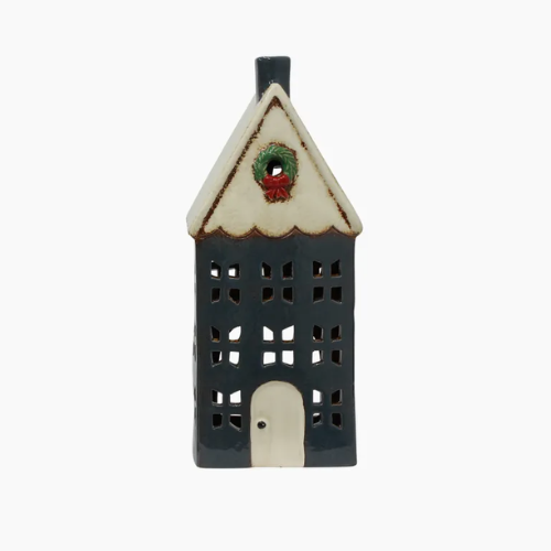 Tealight House Blue with Wreath