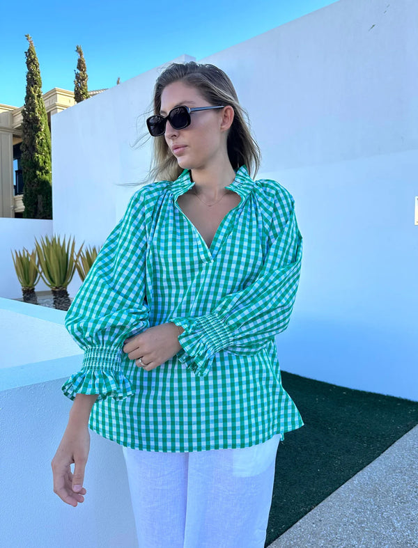 Top - 3/4 Sleeve Turquoise Gingham