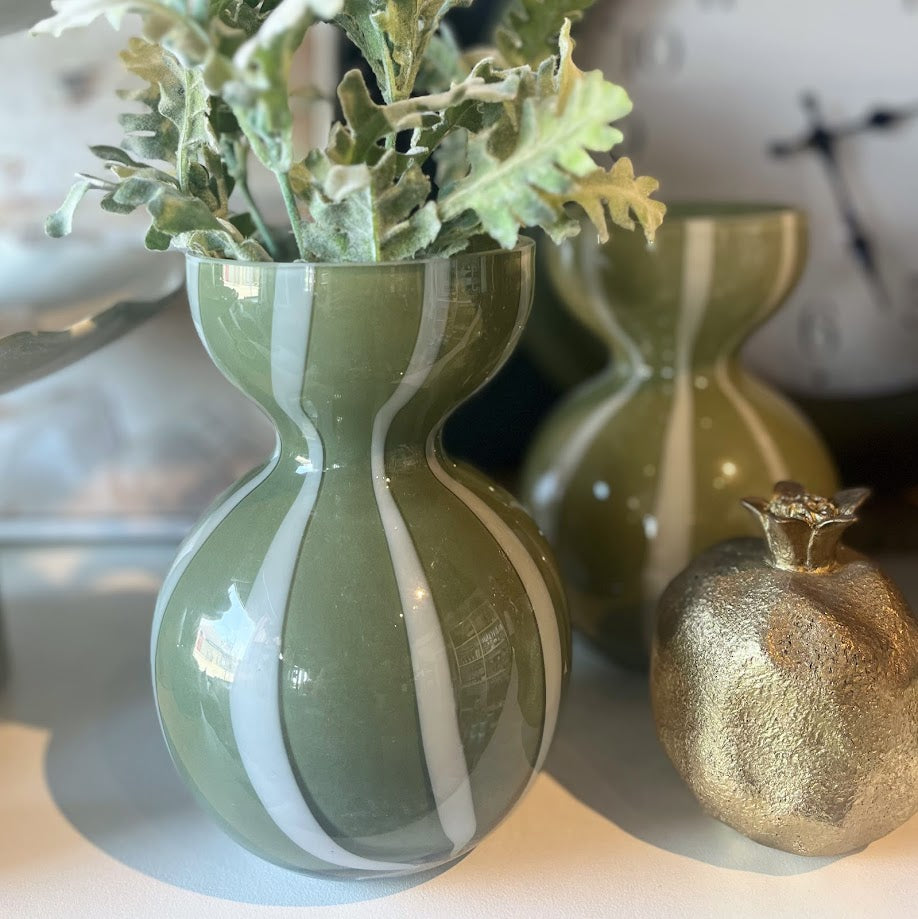 Glass Vase - Green with White Stripe