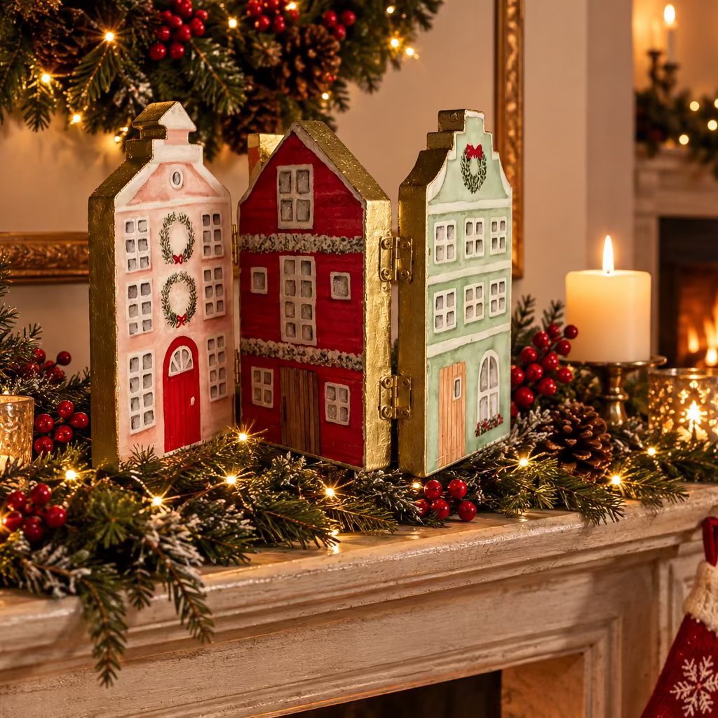 Three hand-painted wooden house-shaped ornaments with gold trim, displayed open to show their interior compartments. The houses feature pastel pink, red, and mint green facades with gold leaf detailing, white window frames, and Christmas wreaths.