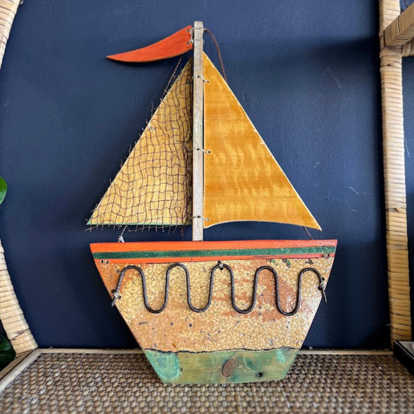 Wooden-Boat-Recycled-Objects-Bruny-Island-Timber-Brown-Yellow-Orange-Green-Wire-Margaret-Vandenberg