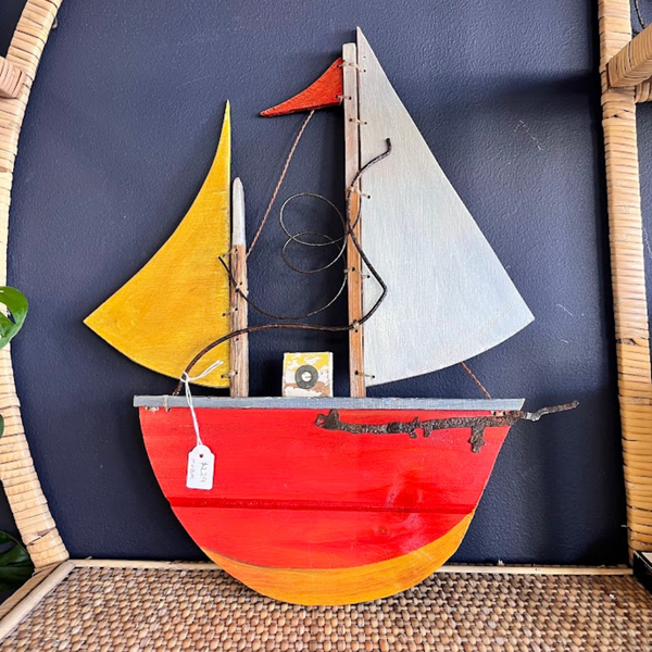 Wooden-Boat-Recycled-Objects-Bruny-Island-Timber-Red-Yellow-White-Wire-Margaret-Vandenberg