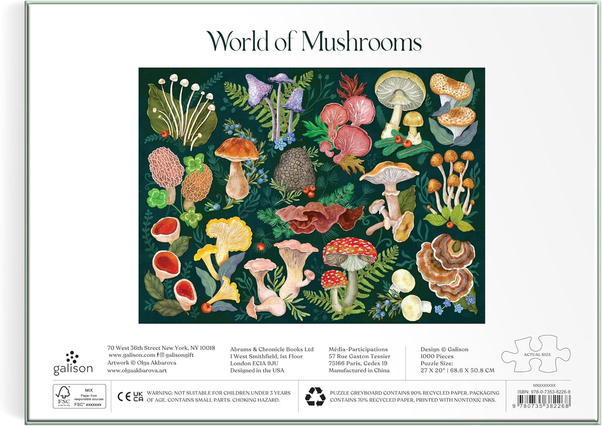 Jigsaw puzzle packaging with illustration of various mushrooms on a dark green background