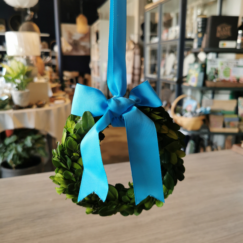 Mini Boxwood Wreath with Blue Bow