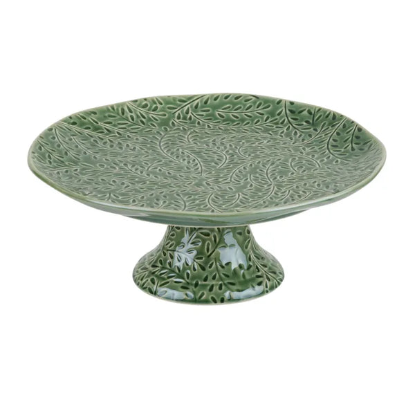 Footed Plate - Ceramic - Green Leaf Pattern