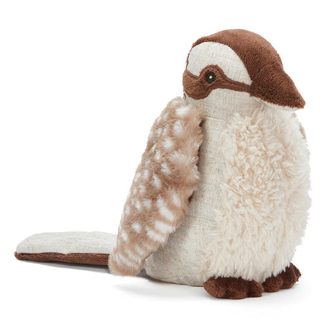 Plush toy kookaburra with brown and white feathers on a white background