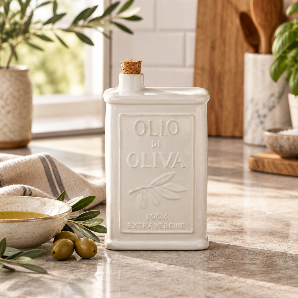 White ceramic bottle with cork lid labeled 'Olio di Oliva' on a white background