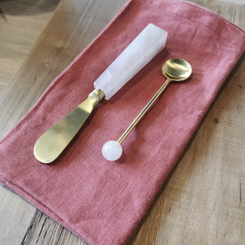 Condiment Spoon - Gold with Rose Quartz Handle