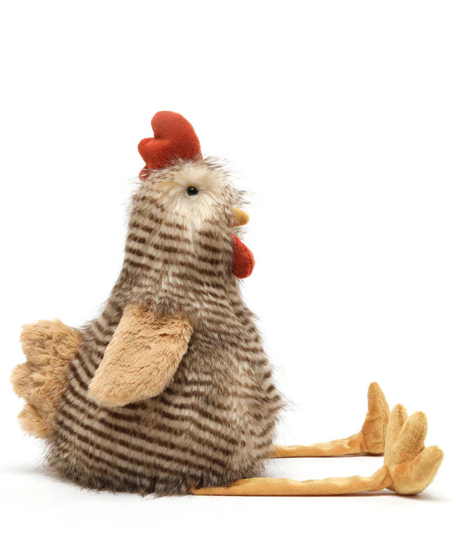 Plush toy rooster with a striped brown and beige body and red comb on a white background