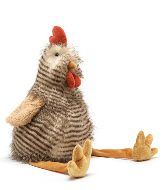Plush toy rooster with striped body and orange accents on a white background